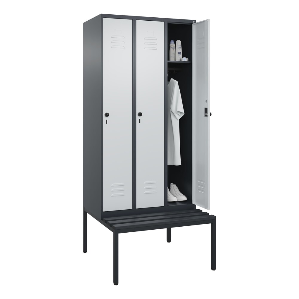 N° de l'image du produit 10 : C+P Spind Classic PLUS, 3 Abteile, HxBxT 2.120 x 900 x 815 mm, für Vorhängeschloss, untergebaute Bank aus Kunststoff, anthrazitgrau, lichtgrau