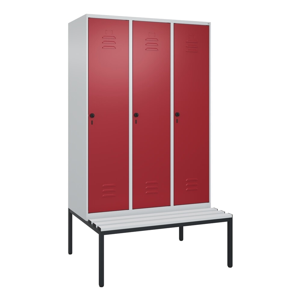 Produktabbildung Nr. 9: C+P Spind Classic PLUS, 3 Abteile, HxBxT 2.120 x 1.200 x 815 mm, für Vorhängeschloss, untergebaute Bank aus Kunststoff, lichtgrau, rubinrot