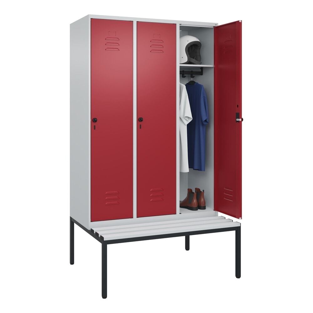 Produktabbildung Nr. 10: C+P Spind Classic PLUS, 3 Abteile, HxBxT 2.120 x 1.200 x 815 mm, für Vorhängeschloss, untergebaute Bank aus Kunststoff, lichtgrau, rubinrot