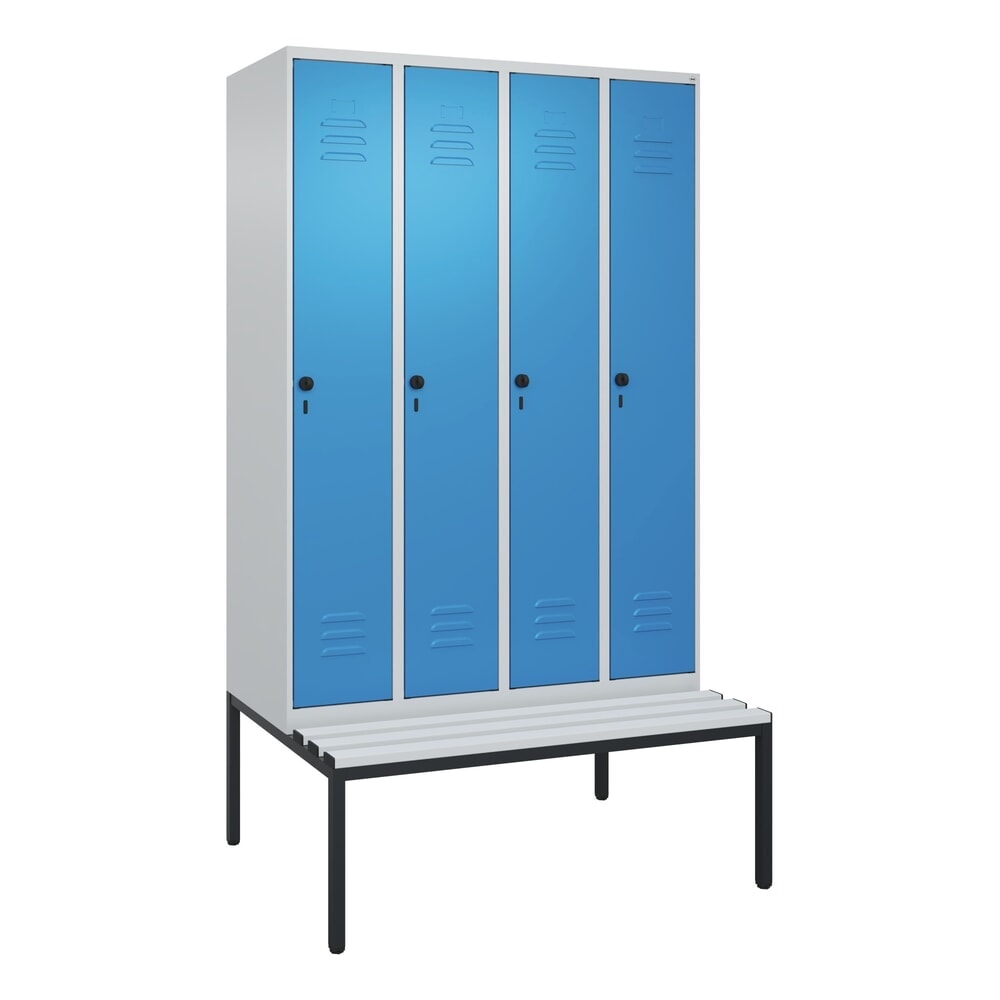 N° de l'image du produit 9 : C+P Spind Classic PLUS, 4 Abteile, HxBxT 2.120 x 1.200 x 815 mm, für Vorhängeschloss, untergebaute Bank aus Kunststoff, lichtgrau, lichtblau