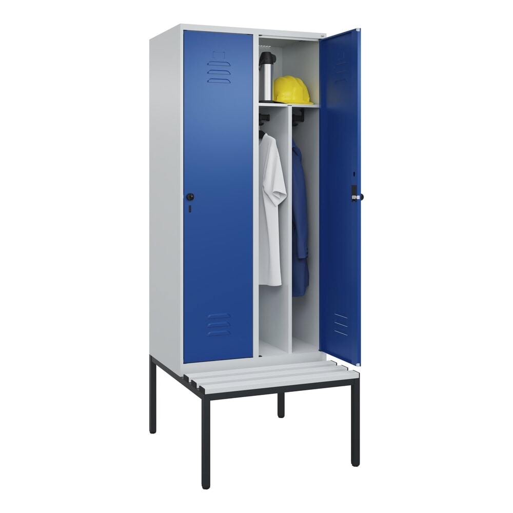 N° de l'image du produit 10 : C+P Spind Classic PLUS, 2 Abteile, Trennwand, HxBxT 2.120 x 800 x 815 mm, für Vorhängeschloss, Trennwand, untergebaute Bank aus Kunststoff, lichtgrau, enzianblau