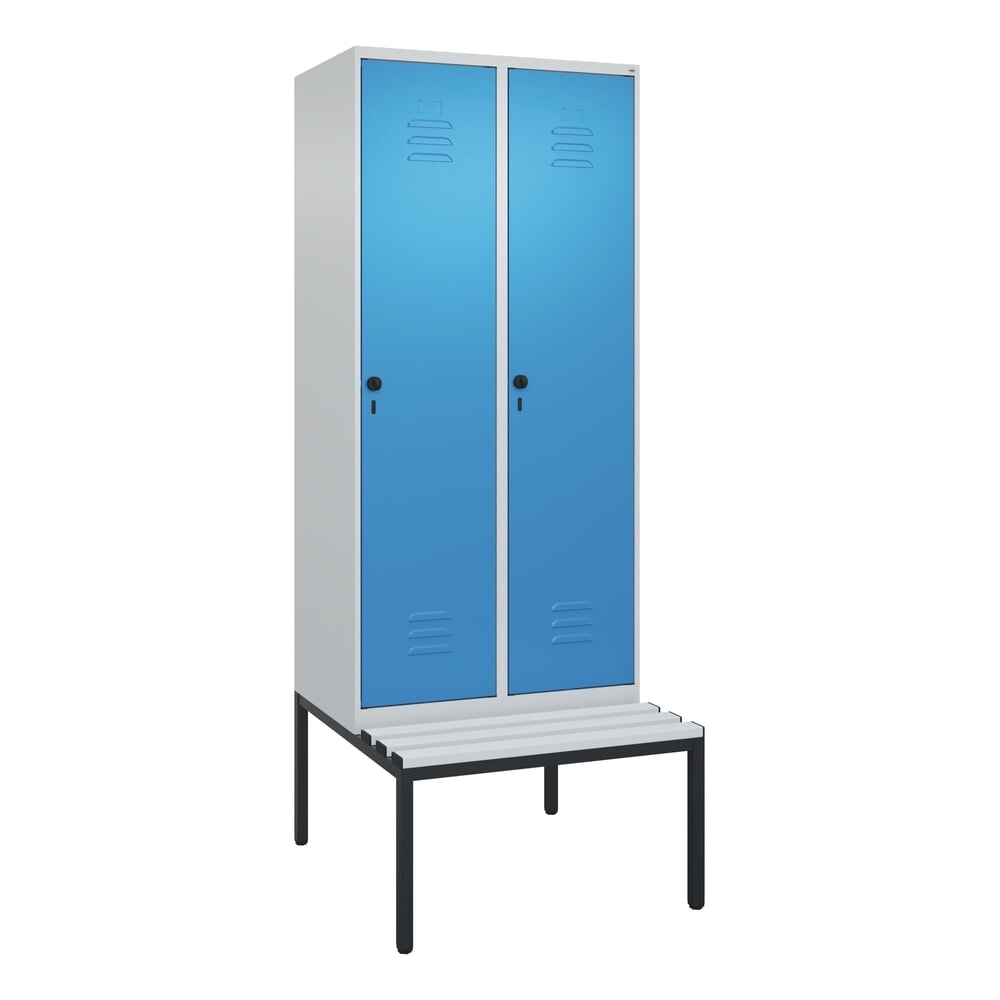 N° de l'image du produit 9 : C+P Spind Classic PLUS, 2 Abteile, Trennwand, HxBxT 2.120 x 800 x 815 mm, für Vorhängeschloss, Trennwand, untergebaute Bank aus Kunststoff, lichtgrau, lichtblau