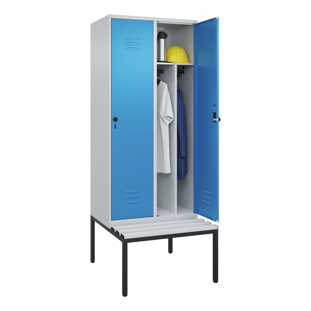 N° de l'image du produit 10 : C+P Spind Classic PLUS, 2 Abteile, Trennwand, HxBxT 2.120 x 800 x 815 mm, für Vorhängeschloss, Trennwand, untergebaute Bank aus Kunststoff, lichtgrau, lichtblau