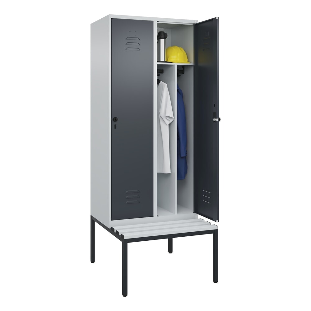 Produktabbildung Nr. 10: C+P Spind Classic PLUS, 2 Abteile, Trennwand, HxBxT 2.120 x 800 x 815 mm, für Vorhängeschloss, Trennwand, untergebaute Bank aus Kunststoff, lichtgrau, anthrazitgrau