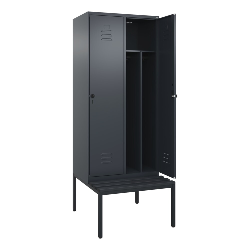 Produktabbildung: C+P Spind Classic PLUS, 2 Abteile, Trennwand, HxBxT 2.120 x 800 x 815 mm, für Vorhängeschloss, Trennwand, untergebaute Bank aus Kunststoff, anthrazitgrau, anthrazitgrau