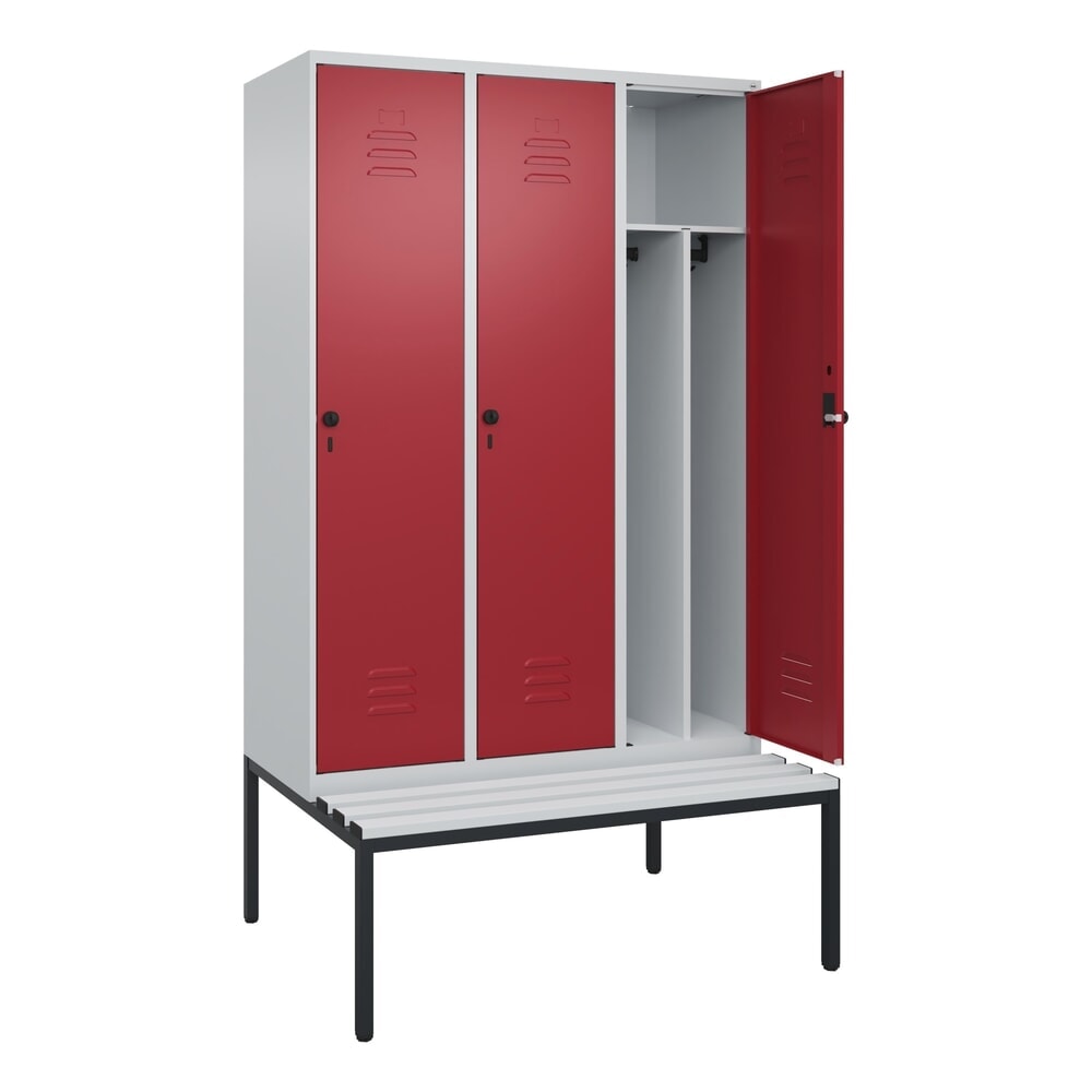 Illustration du produit: C+P Spind Classic PLUS, 3 Abteile, Trennwand, HxBxT 2.120 x 1.200 x 815 mm, für Vorhängeschloss, Trennwand, untergebaute Bank aus Kunststoff, lichtgrau, rubinrot