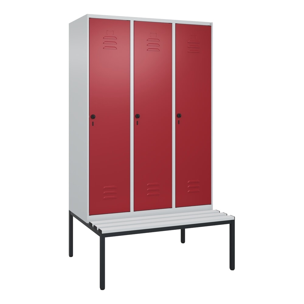 N° de l'image du produit 9 : C+P Spind Classic PLUS, 3 Abteile, Trennwand, HxBxT 2.120 x 1.200 x 815 mm, für Vorhängeschloss, Trennwand, untergebaute Bank aus Kunststoff, lichtgrau, rubinrot