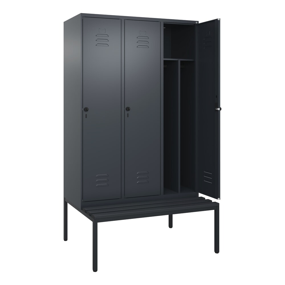 Illustration du produit: C+P Spind Classic PLUS, 3 Abteile, Trennwand, HxBxT 2.120 x 1.200 x 815 mm, für Vorhängeschloss, Trennwand, untergebaute Bank aus Kunststoff, anthrazitgrau, anthrazitgrau