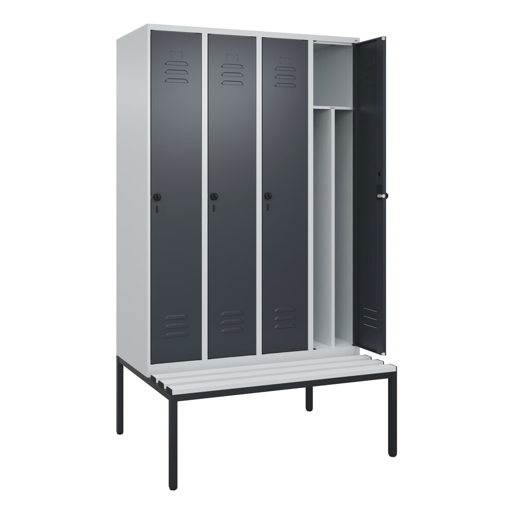 Produktabbildung: C+P Spind Classic PLUS, 4 Abteile, Trennwand, HxBxT 2.120 x 1.200 x 815 mm, für Vorhängeschloss, Trennwand, untergebaute Bank aus Kunststoff, lichtgrau, anthrazitgrau