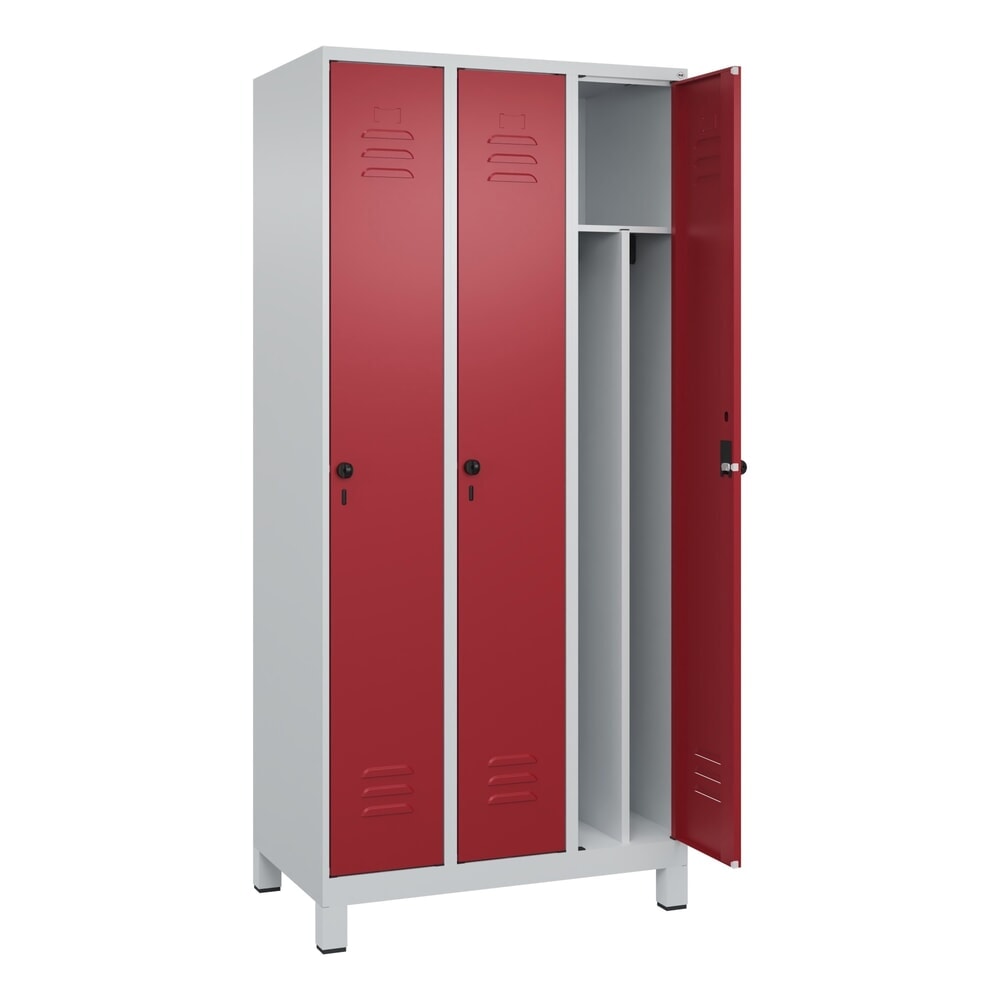 Illustration du produit: C+P Spind Classic PLUS, Füße, 3 Abteile, HxBxT 1.950 x 900 x 500 mm, lichtgrau, rubinrot, für Vorhängeschloss, mit Mitteltrennwand