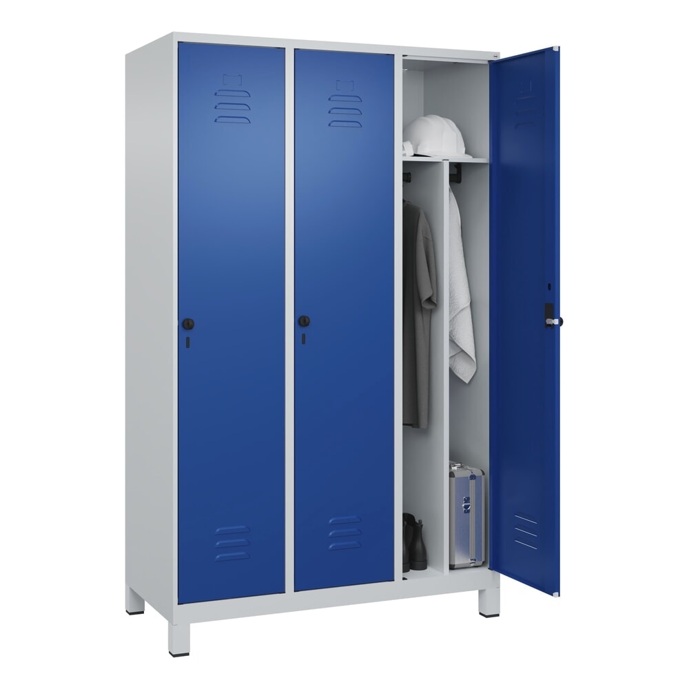 N° de l'image du produit 10 : C+P Spind Classic PLUS, Füße, 3 Abteile, HxBxT 1.950 x 1.200 x 500 mm, lichtgrau, enzianblau, für Vorhängeschloss, mit Mitteltrennwand