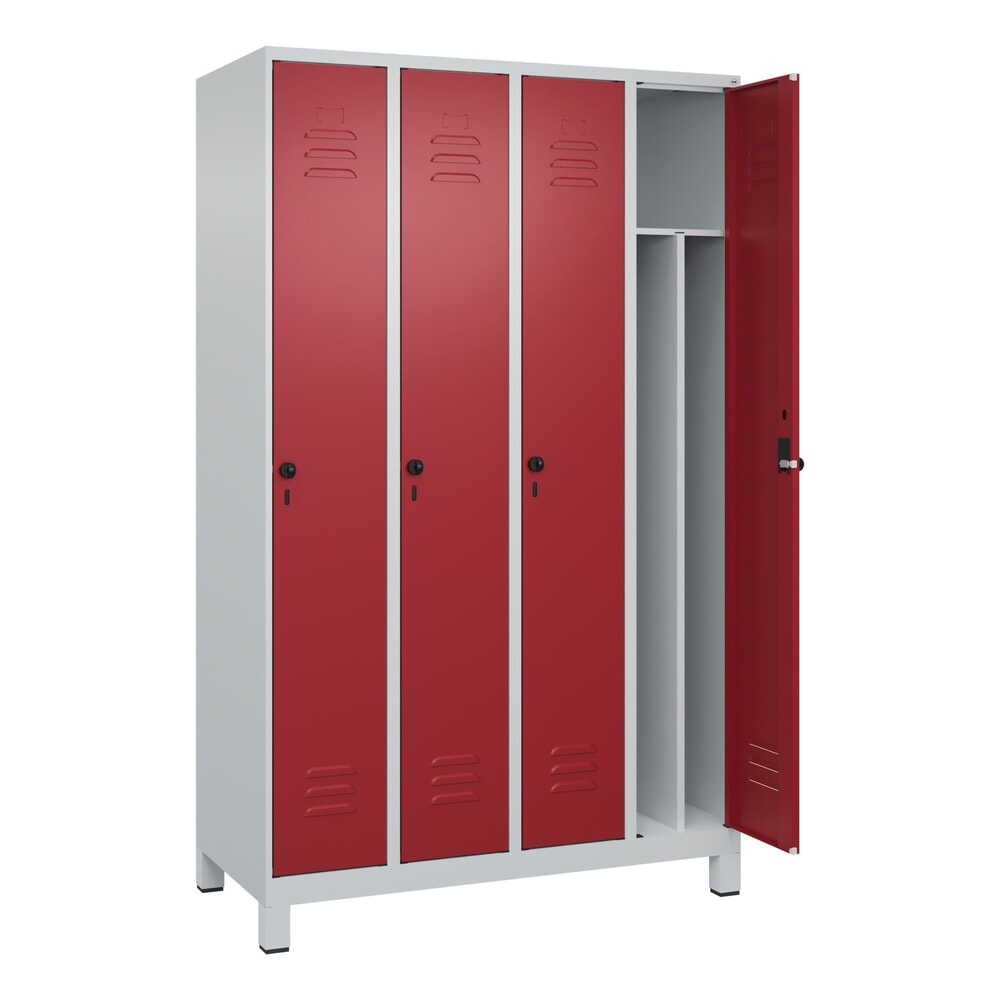 N° de l'image du produit 1 : C+P Spind Classic PLUS, Füße, 4 Abteile, HxBxT 1.950 x 1.200 x 500 mm, lichtgrau, rubinrot, für Vorhängeschloss, mit Mitteltrennwand