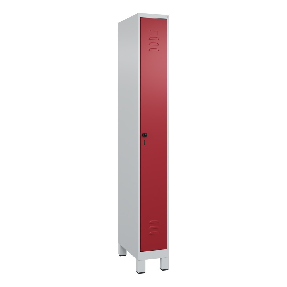 Produktabbildung: C+P Spind Classic PLUS, Füsse, 1 Abteil, HxBxT 1.950 x 250 x 500 mm, lichtgrau, rubinrot, für Vorhängeschloss, ohne Mitteltrennwand