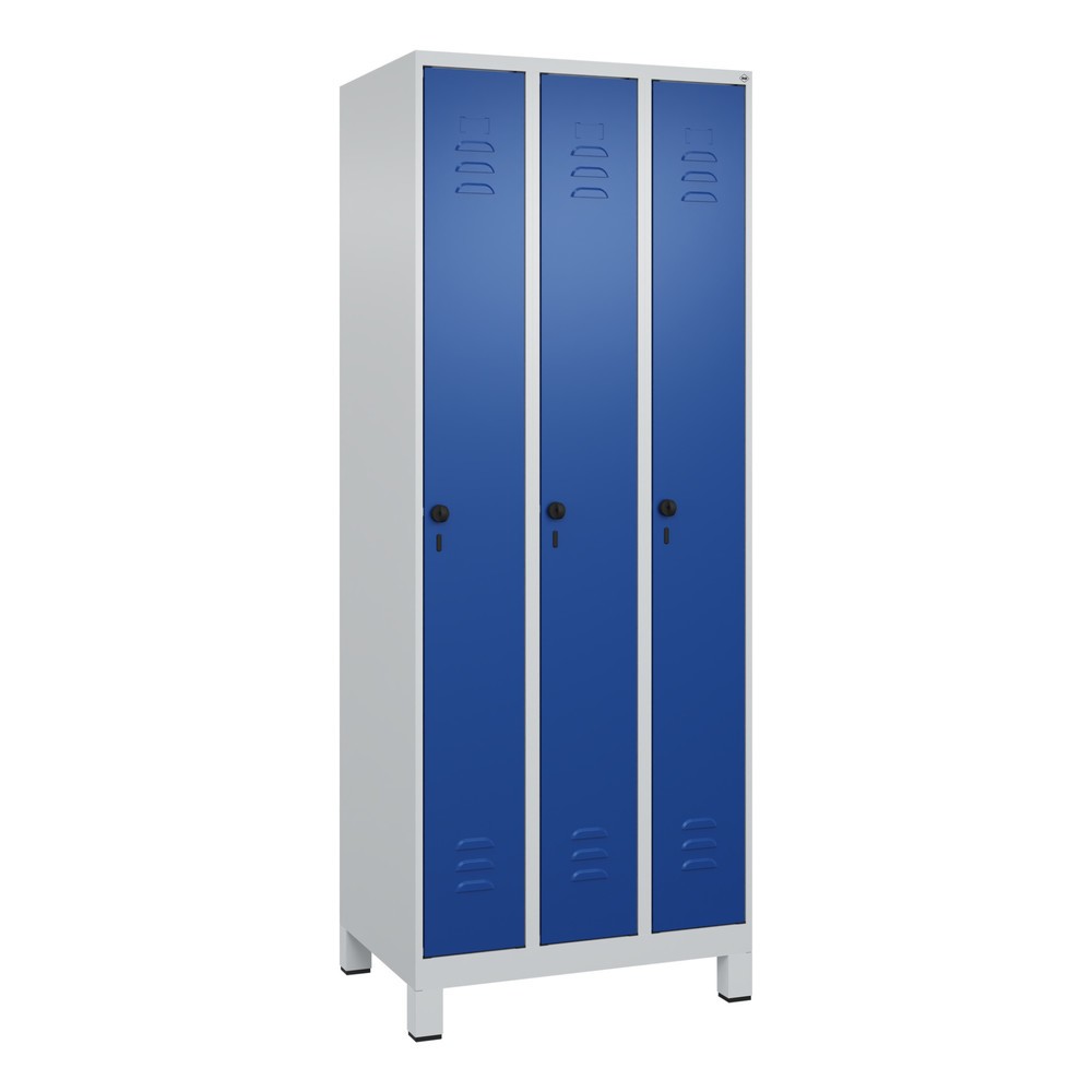 Produktabbildung: C+P Spind Classic PLUS, Füsse, 3 Abteile, HxBxT 1.950 x 750 x 500 mm, lichtgrau, enzianblau, für Vorhängeschloss, ohne Mitteltrennwand