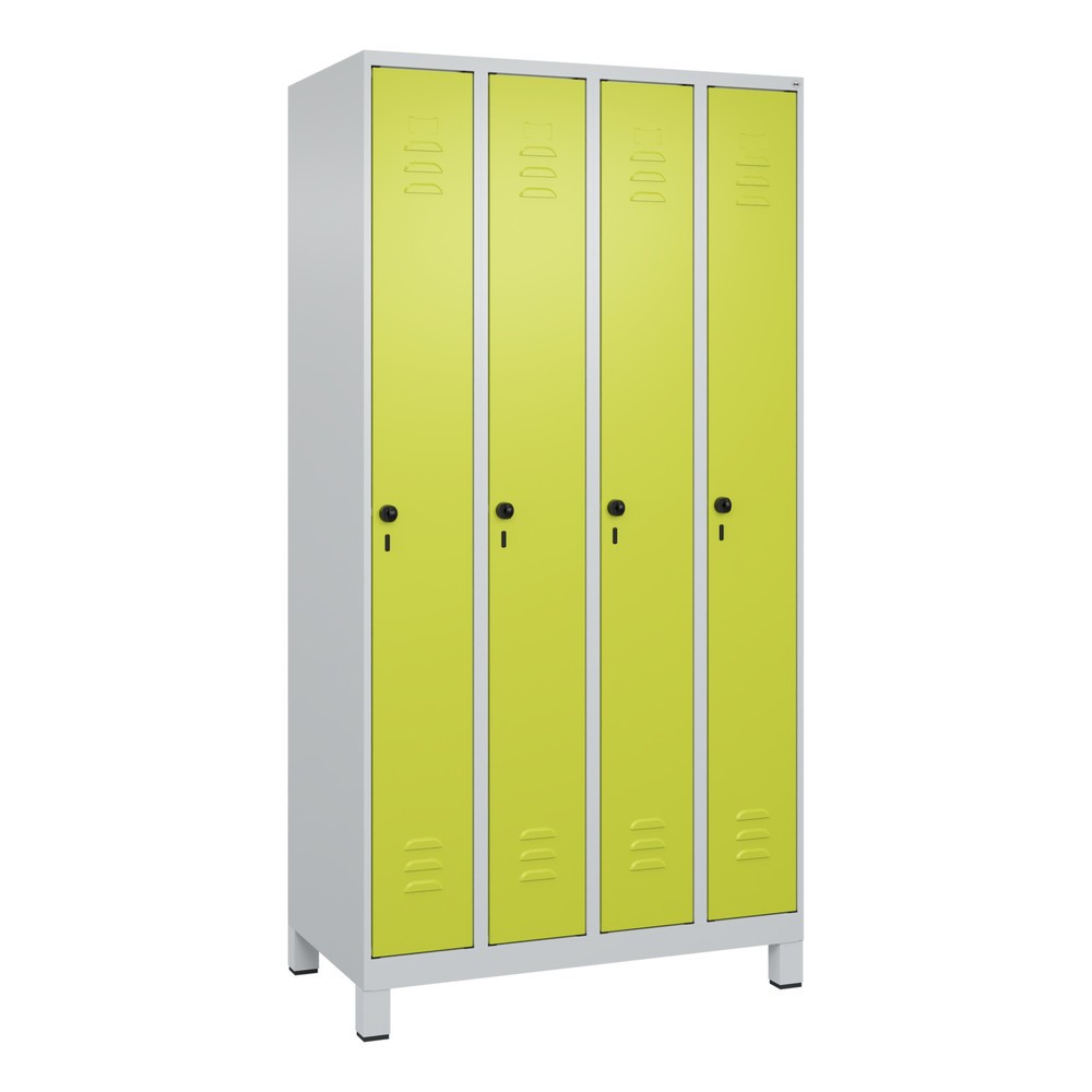 Produktabbildung: C+P Spind Classic PLUS, Füsse, 4 Abteile, HxBxT 1.950 x 1.000 x 500 mm, lichtgrau, clowngrün, für Vorhängeschloss, ohne Mitteltrennwand