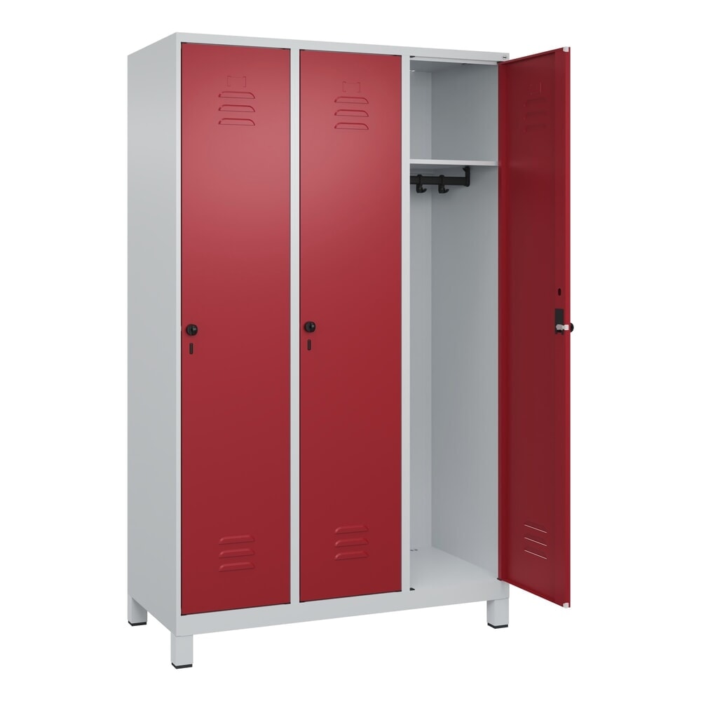 N° de l'image du produit 1 : C+P Spind Classic PLUS, Füße, 3 Abteile, HxBxT 1.950 x 1.200 x 500 mm, lichtgrau, rubinrot, für Vorhängeschloss, ohne Mitteltrennwand