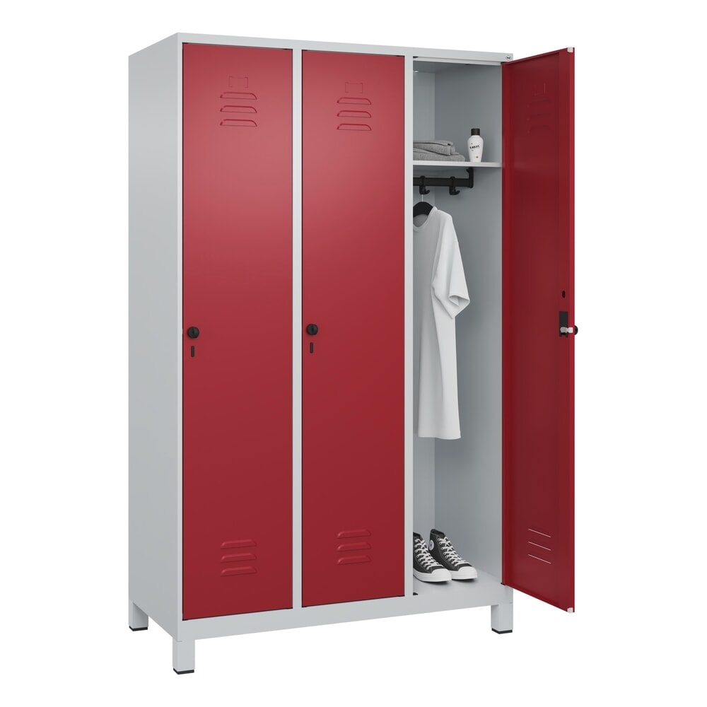 N° de l'image du produit 10 : C+P Spind Classic PLUS, Füße, 3 Abteile, HxBxT 1.950 x 1.200 x 500 mm, lichtgrau, rubinrot, für Vorhängeschloss, ohne Mitteltrennwand