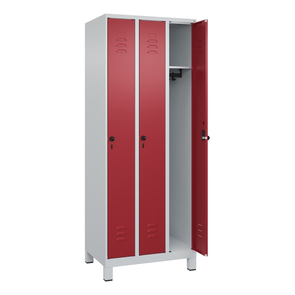 Produktabbildung: C+P Spind Classic PLUS, Füsse, 3 Abteile, HxBxT 1.950 x 750 x 500 mm, lichtgrau, rubinrot, für Vorhängeschloss, ohne Mitteltrennwand