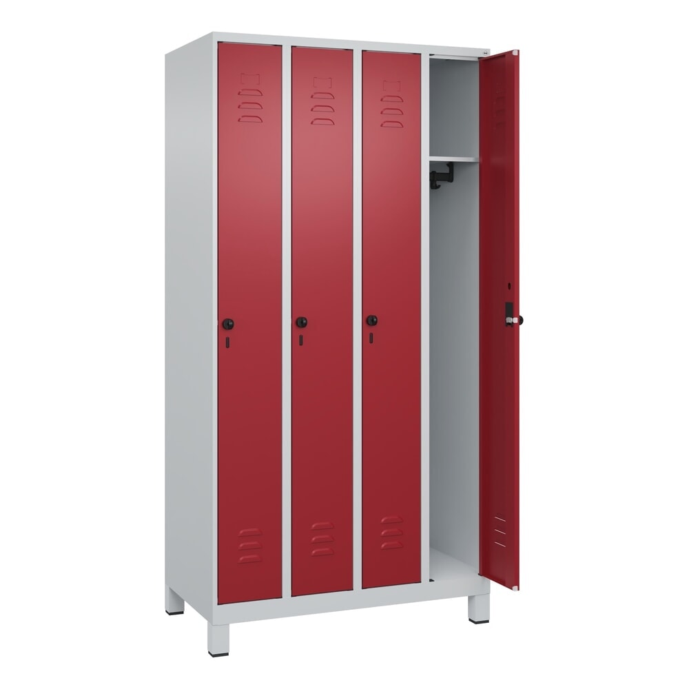 Produktabbildung: C+P Spind Classic PLUS, Füsse, 4 Abteile, HxBxT 1.950 x 1.000 x 500 mm, lichtgrau, rubinrot, für Vorhängeschloss, ohne Mitteltrennwand