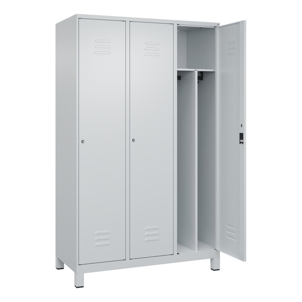 Illustration du produit: C+P Spind Classic PLUS, Füße, 3 Abteile, HxBxT 1.950 x 1.200 x 500 mm, lichtgrau, lichtgrau, Zylinderschloss, mit Mitteltrennwand