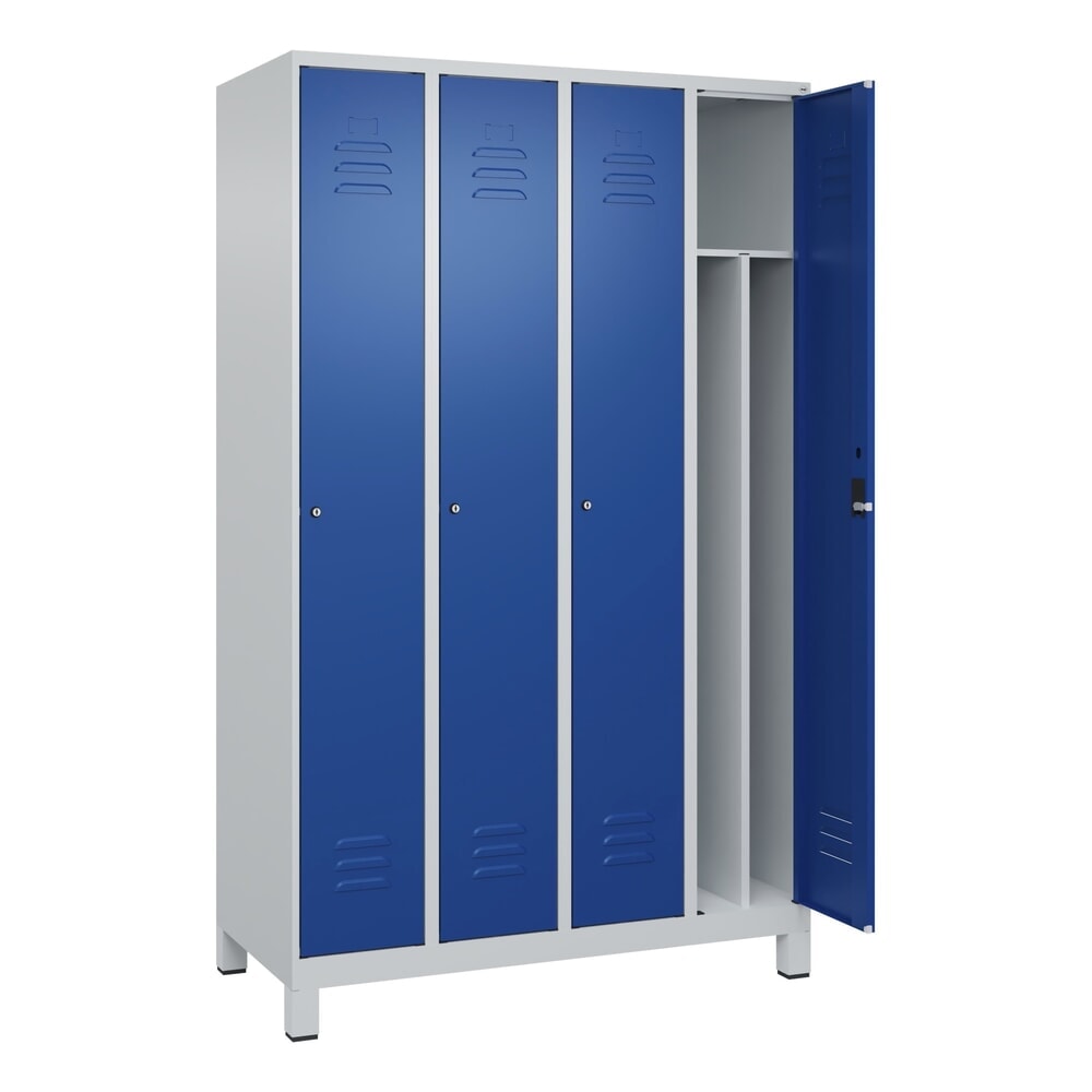 C+P Spind Classic PLUS, Füsse, 4 Abteile, HxBxT 1.950 x 1.200 x 500 mm, lichtgrau, enzianblau, Zylinderschloss, mit Mitteltrennwand Produktabbildung: C+P Spind Classic PLUS, Füsse, 4 Abteile, HxBxT 1.950 x 1.200 x 500 mm, lichtgrau, enzianblau, Zylinderschloss, mit Mitteltrennwand