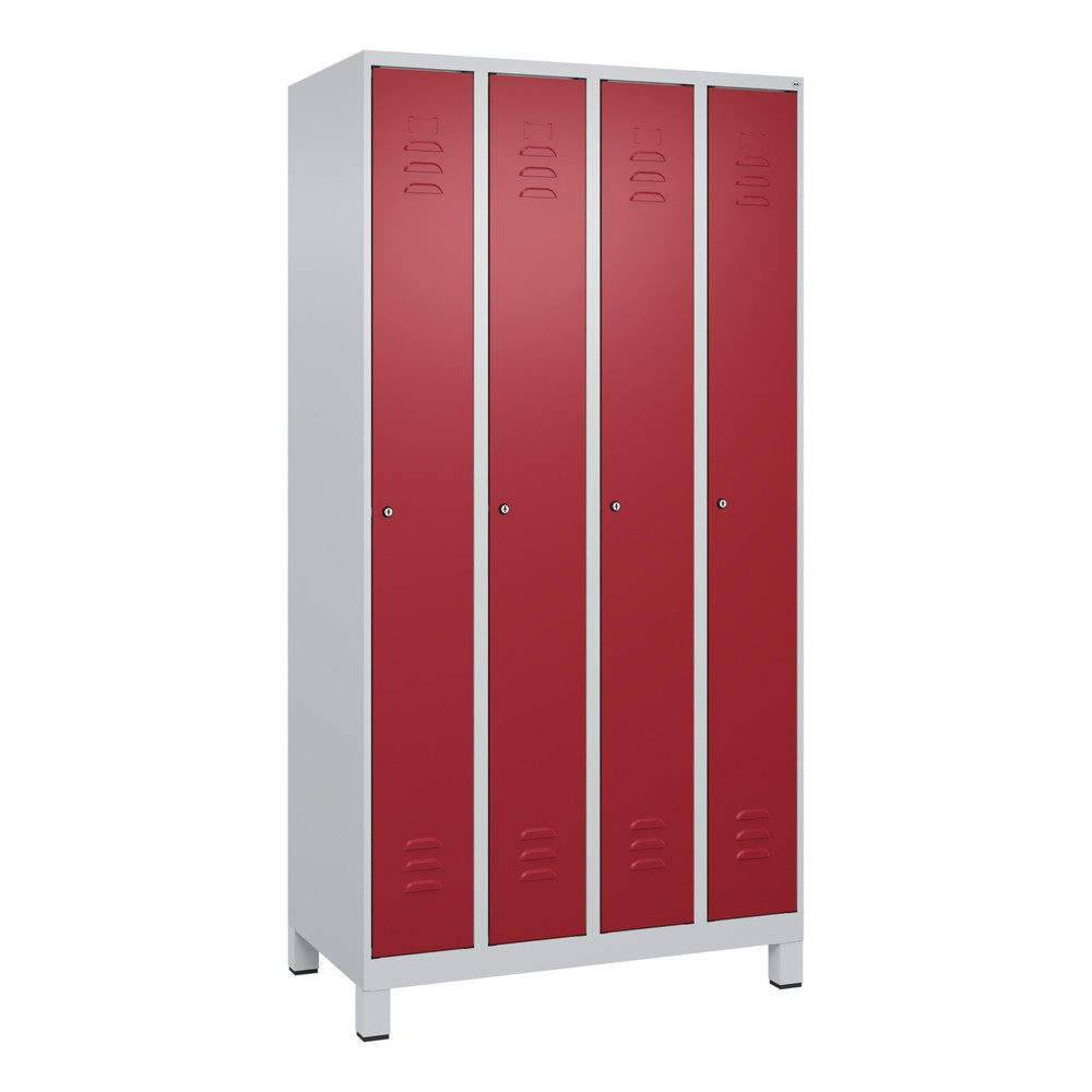 Produktabbildung: C+P Spind Classic PLUS, Füsse, 4 Abteile, HxBxT 1.950 x 1.000 x 500 mm, lichtgrau, rubinrot, Zylinderschloss, ohne Mitteltrennwand