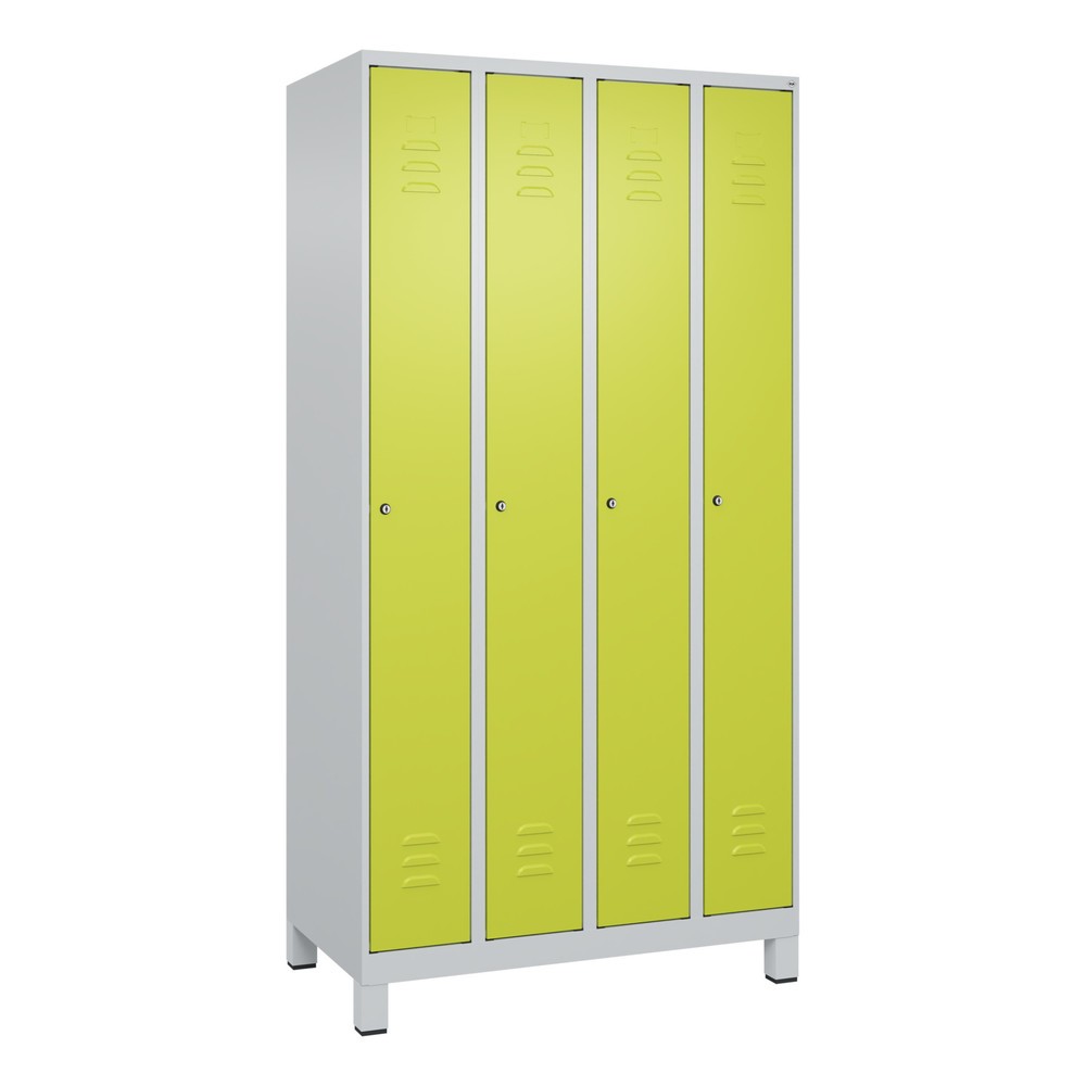 Produktabbildung: C+P Spind Classic PLUS, Füsse, 4 Abteile, HxBxT 1.950 x 1.000 x 500 mm, lichtgrau, clowngrün, Zylinderschloss, ohne Mitteltrennwand