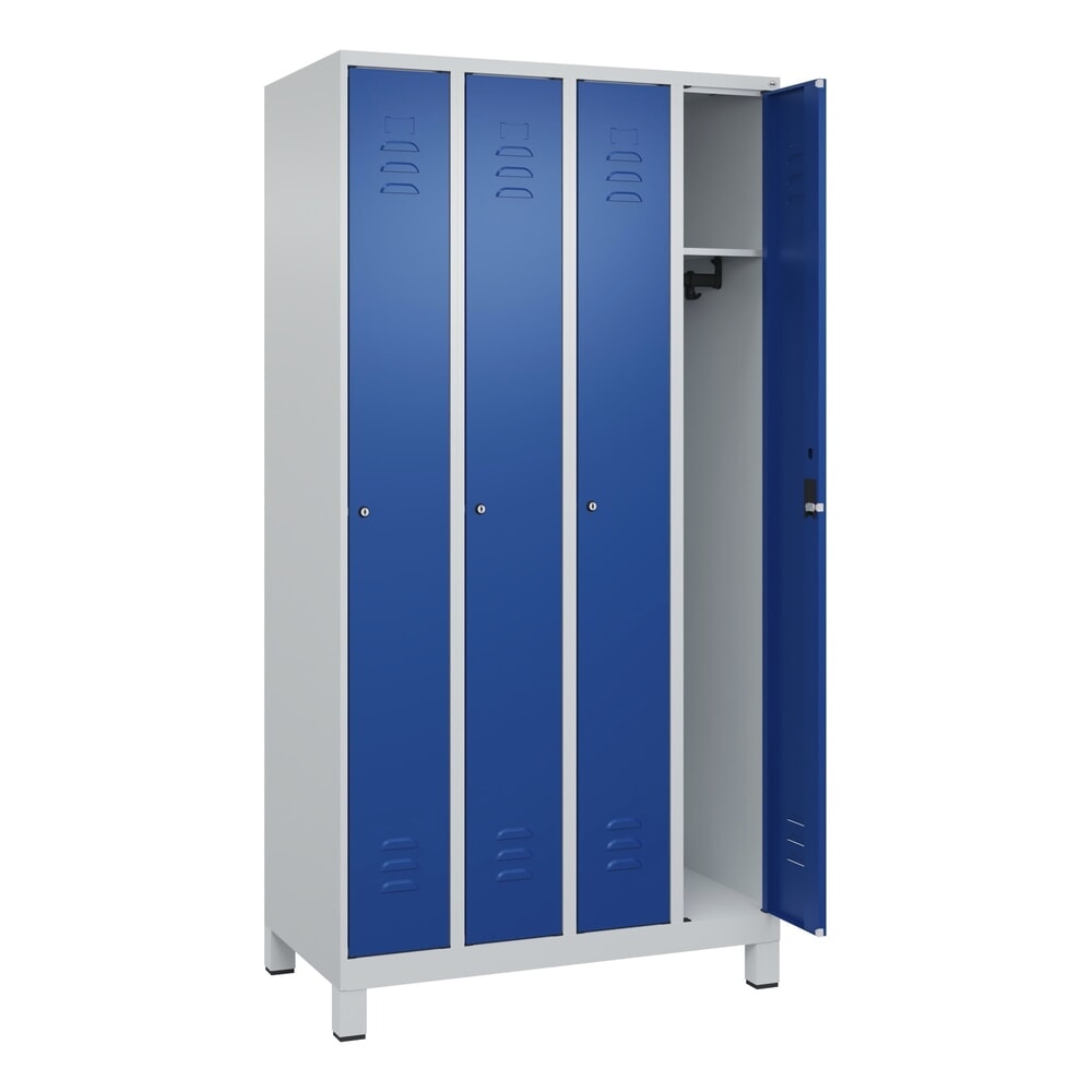 Produktabbildung: C+P Spind Classic PLUS, Füsse, 4 Abteile, HxBxT 1.950 x 1.000 x 500 mm, lichtgrau, enzianblau, Zylinderschloss, ohne Mitteltrennwand