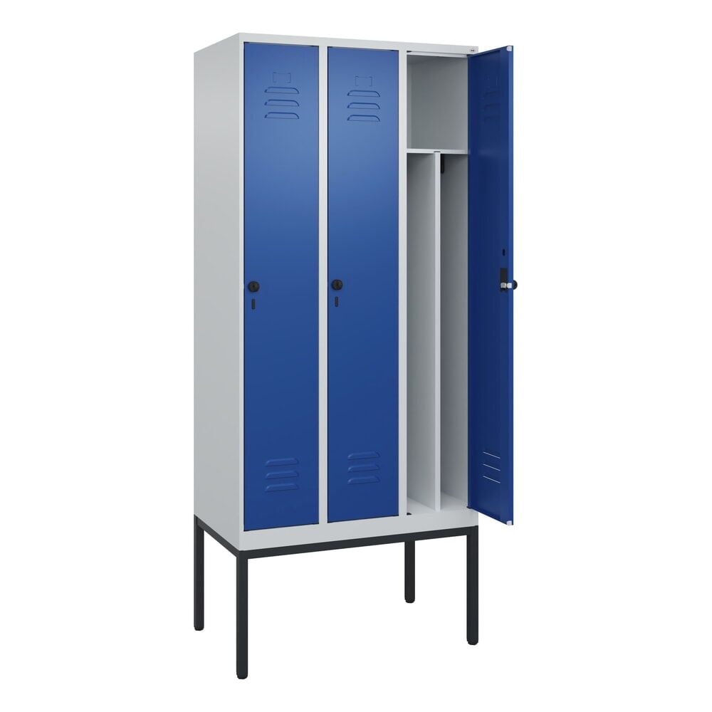 Illustration du produit: C+P Spind Classic PLUS, Gestell, 3 Abteile, HxBxT 2.120 x 900 x 500 mm, lichtgrau, enzianblau, für Vorhängeschloss, mit Mitteltrennwand