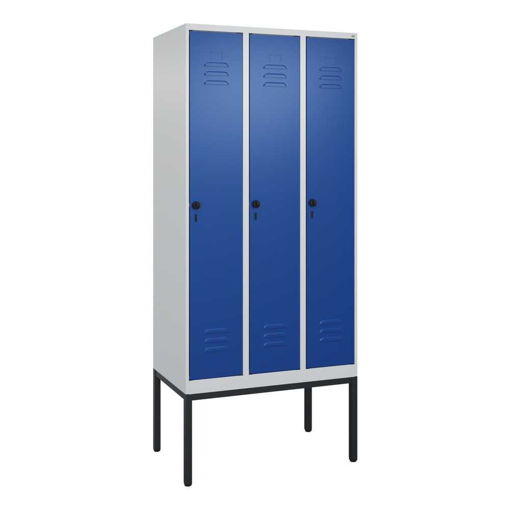 Produktabbildung: C+P Spind Classic PLUS, Gestell, 3 Abteile, HxBxT 2.120 x 900 x 500 mm, lichtgrau, enzianblau, für Vorhängeschloss, ohne Mitteltrennwand