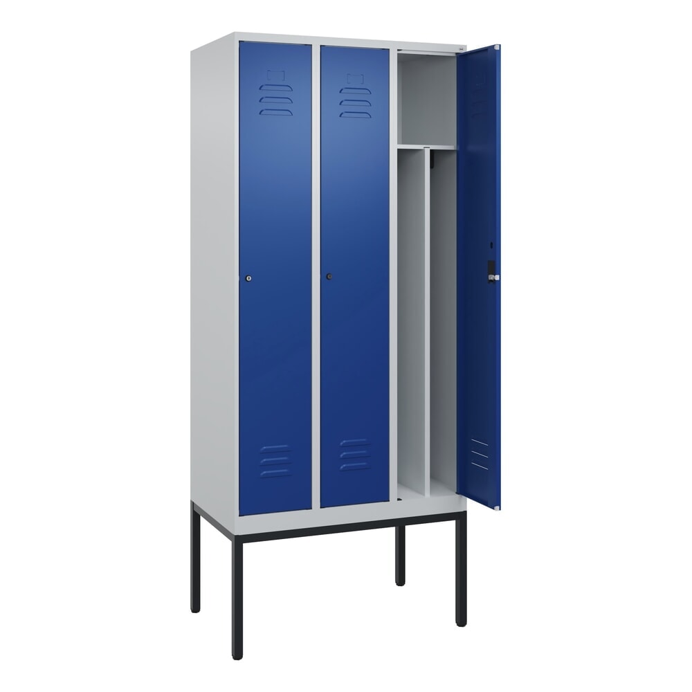 N° de l'image du produit 1 : C+P Spind Classic PLUS, Gestell, 3 Abteile, HxBxT 2.120 x 900 x 500 mm, lichtgrau, enzianblau, Zylinderschloss, mit Mitteltrennwand