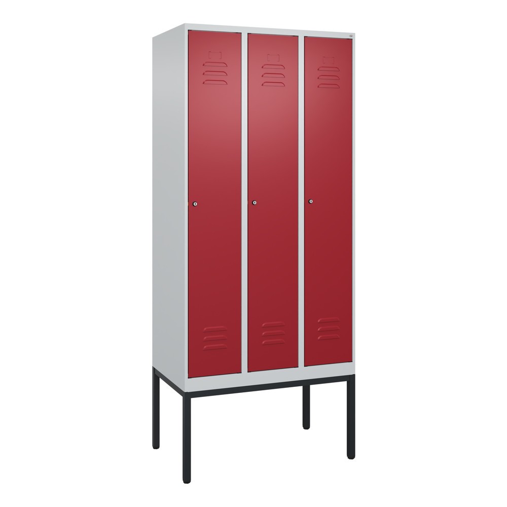 Produktabbildung: C+P Spind Classic PLUS, Gestell, 3 Abteile, HxBxT 2.120 x 900 x 500 mm, lichtgrau, rubinrot, Zylinderschloss, ohne Mitteltrennwand