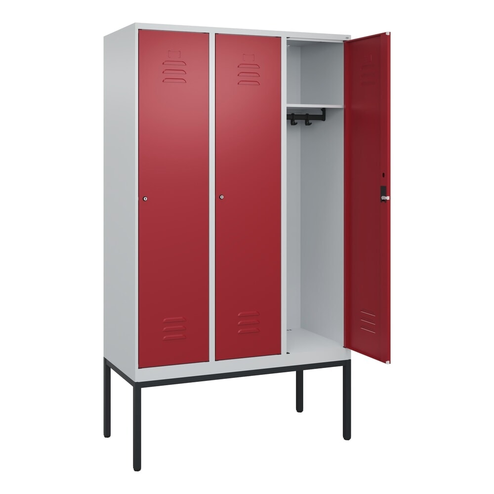 Produktabbildung: C+P Spind Classic PLUS, Gestell, 3 Abteile, HxBxT 2.120 x 1.200 x 500 mm, lichtgrau, rubinrot, Zylinderschloss, ohne Mitteltrennwand