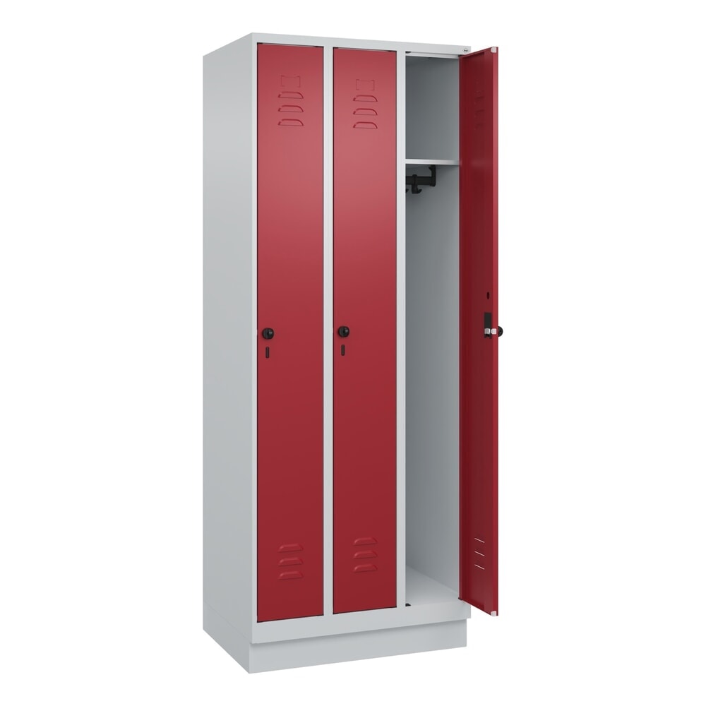 Produktabbildung: C+P Spind Classic PLUS, Sockel, 3 Abteile, HxBxT 1.950 x 750 x 500 mm, lichtgrau, rubinrot, für Vorhängeschloss, ohne Mitteltrennwand