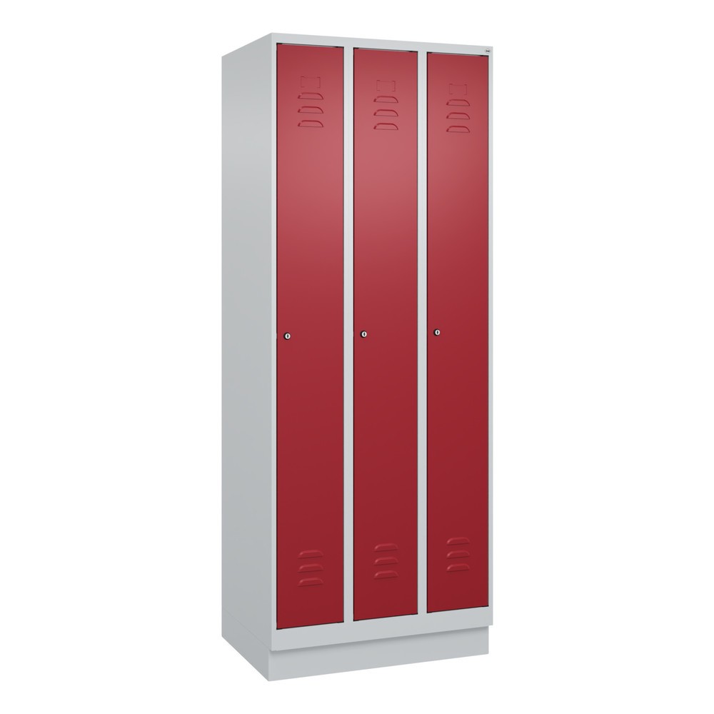 Produktabbildung: C+P Spind Classic PLUS, Sockel, 3 Abteile, HxBxT 1.950 x 750 x 500 mm, lichtgrau, rubinrot, Zylinderschloss, ohne Mitteltrennwand