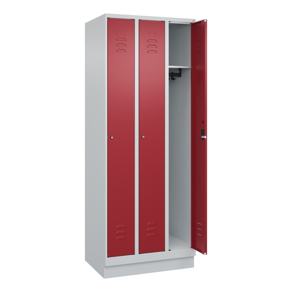 N° de l'image du produit 1 : C+P Spind Classic PLUS, Sockel, 3 Abteile, HxBxT 1.950 x 750 x 500 mm, lichtgrau, rubinrot, Zylinderschloss, ohne Mitteltrennwand