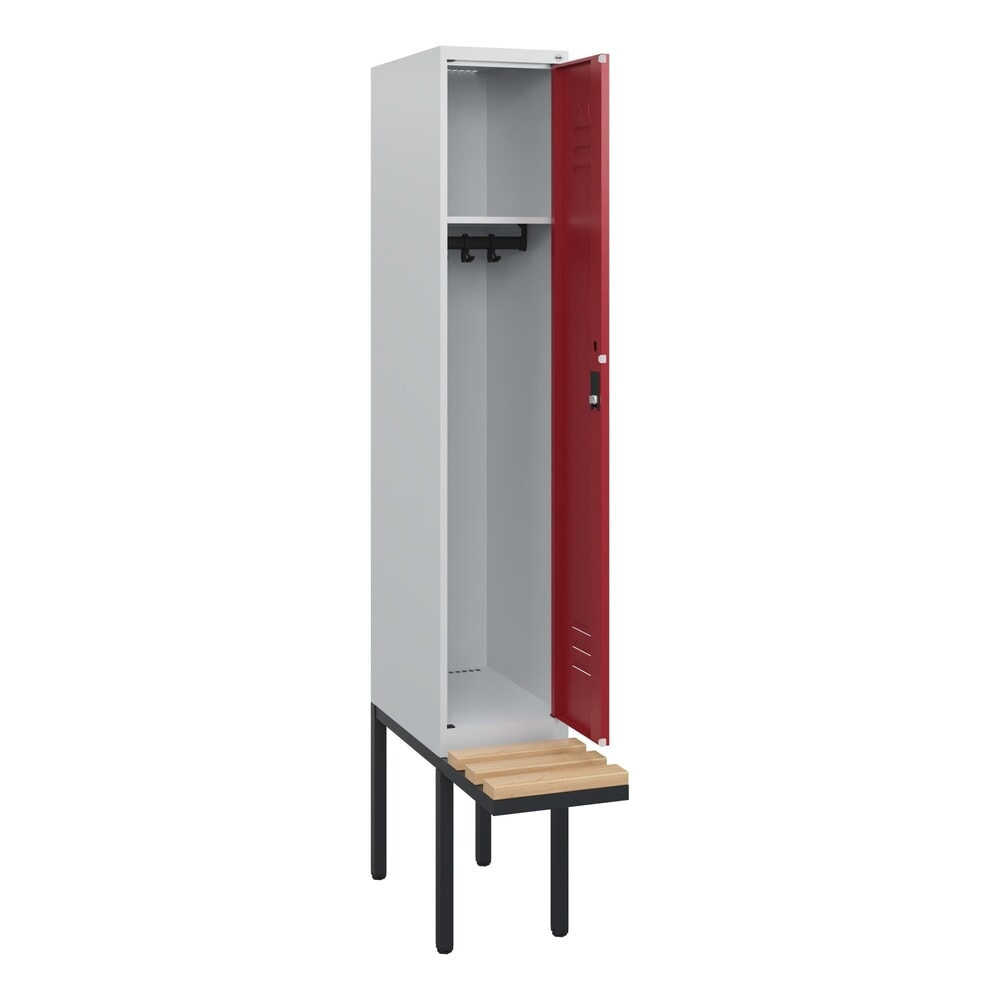 C+P Spind Classic PLUS, 1 Abteil, HxBxT 1.950 x 300 x 815 mm, Zylinderschloss, auskragende Bank aus Buche, lichtgrau, rubinrot N° de l'image du produit 1 : C+P Spind Classic PLUS, 1 Abteil, HxBxT 1.950 x 300 x 815 mm, Zylinderschloss, auskragende Bank aus Buche, lichtgrau, rubinrot