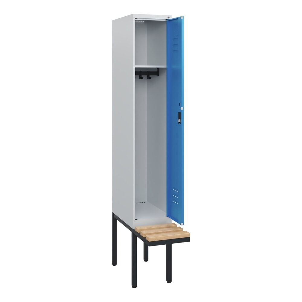 C+P Spind Classic PLUS, 1 Abteil, HxBxT 1.950 x 300 x 815 mm, Zylinderschloss, auskragende Bank aus Buche, lichtgrau, lichtblau N° de l'image du produit 1 : C+P Spind Classic PLUS, 1 Abteil, HxBxT 1.950 x 300 x 815 mm, Zylinderschloss, auskragende Bank aus Buche, lichtgrau, lichtblau