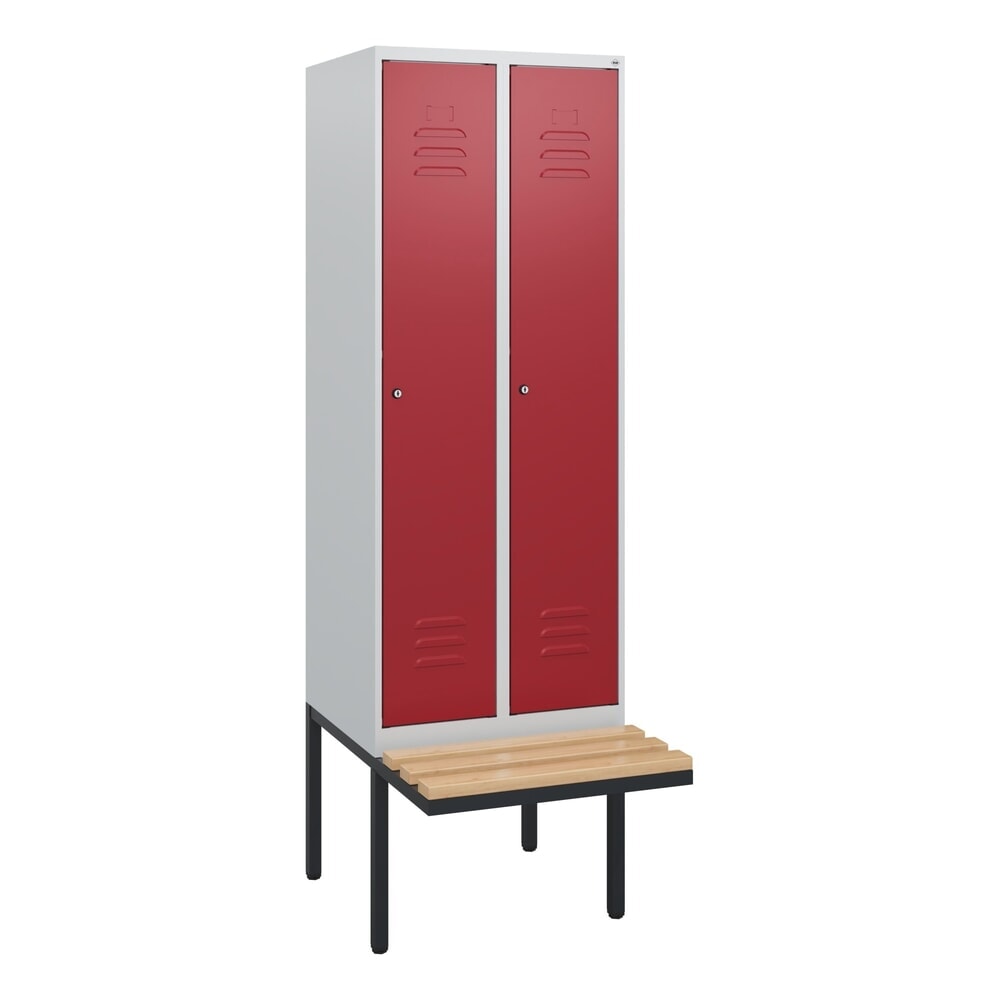 C+P Spind Classic PLUS, 2 Abteile, HxBxT 1.950 x 600 x 815 mm, Zylinderschloss, auskragende Bank aus Buche, lichtgrau, rubinrot N° de l'image du produit 9 : C+P Spind Classic PLUS, 2 Abteile, HxBxT 1.950 x 600 x 815 mm, Zylinderschloss, auskragende Bank aus Buche, lichtgrau, rubinrot