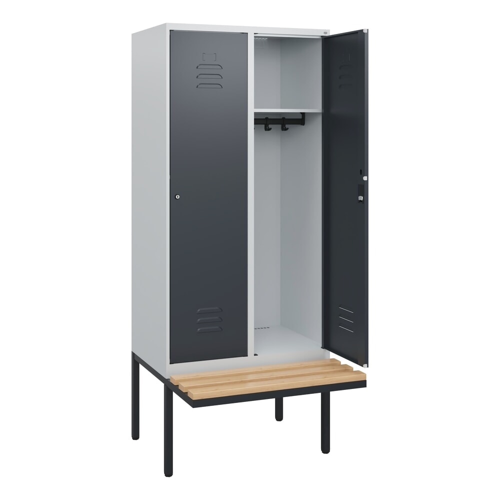 Produktabbildung: C+P Spind Classic PLUS, 2 Abteile, HxBxT 1.950 x 800 x 815 mm, Zylinderschloss, auskragende Bank aus Buche, lichtgrau, anthrazitgrau