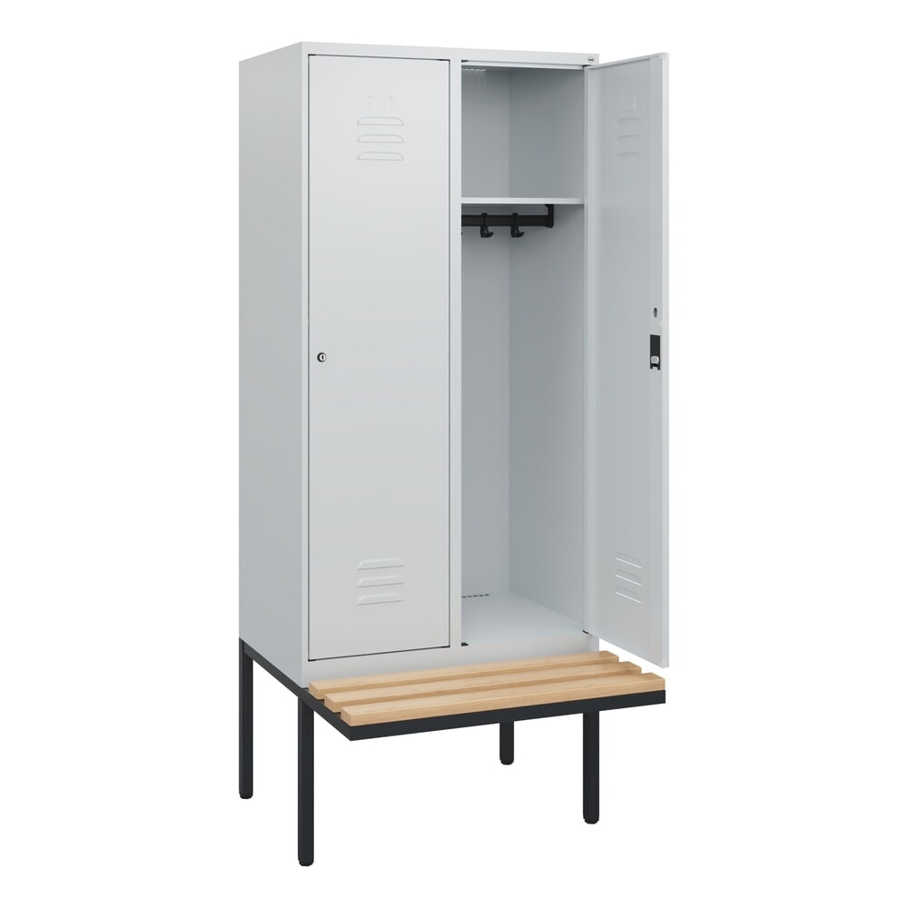 Illustration du produit: C+P Spind Classic PLUS, 2 Abteile, HxBxT 1.950 x 800 x 815 mm, Zylinderschloss, auskragende Bank aus Buche, lichtgrau, lichtgrau