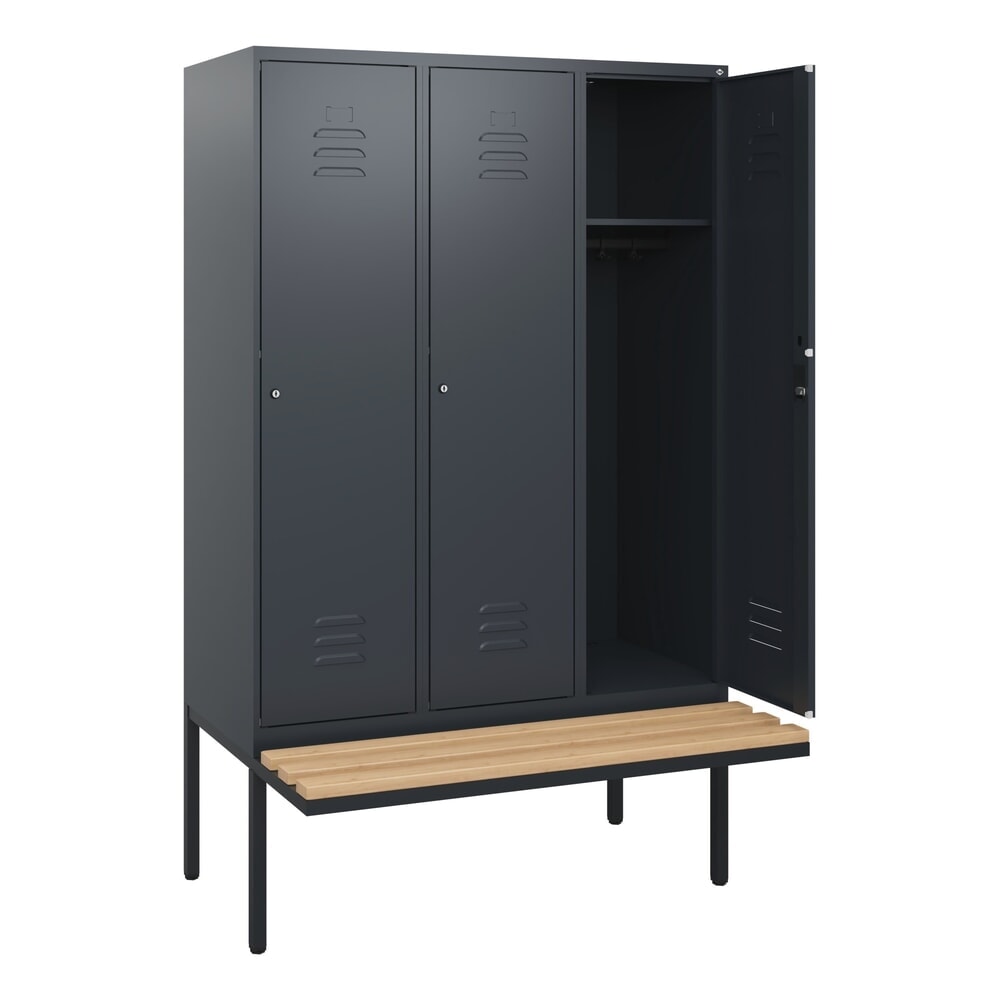 Produktabbildung: C+P Spind Classic PLUS, 3 Abteile, HxBxT 1.950 x 1.200 x 815 mm, Zylinderschloss, auskragende Bank aus Buche, anthrazitgrau, anthrazitgrau