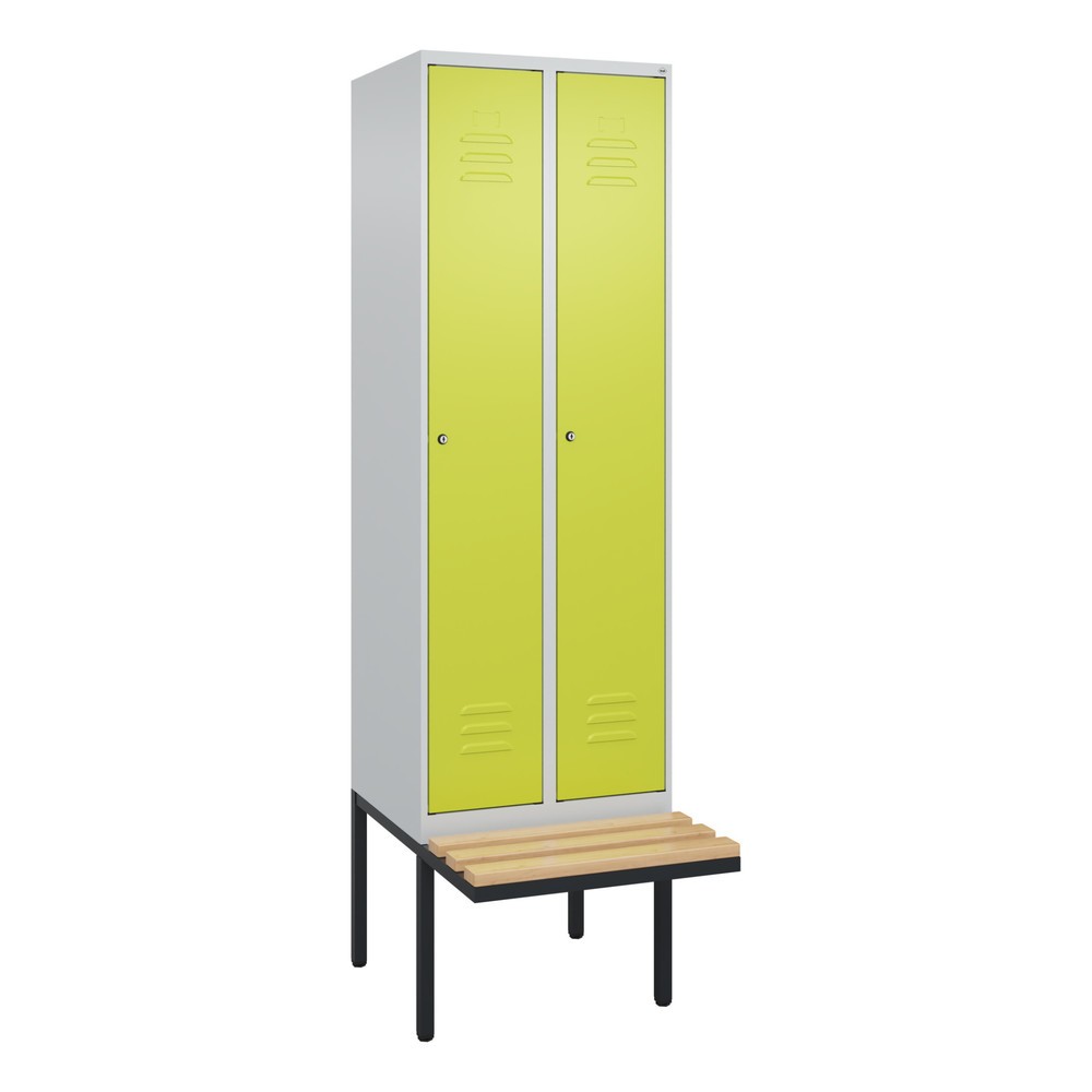 Produktabbildung: C+P Spind Classic PLUS, 2 Abteile, HxBxT 2.120 x 600 x 815 mm, Zylinderschloss, auskragende Bank aus Buche, lichtgrau, clowngrün