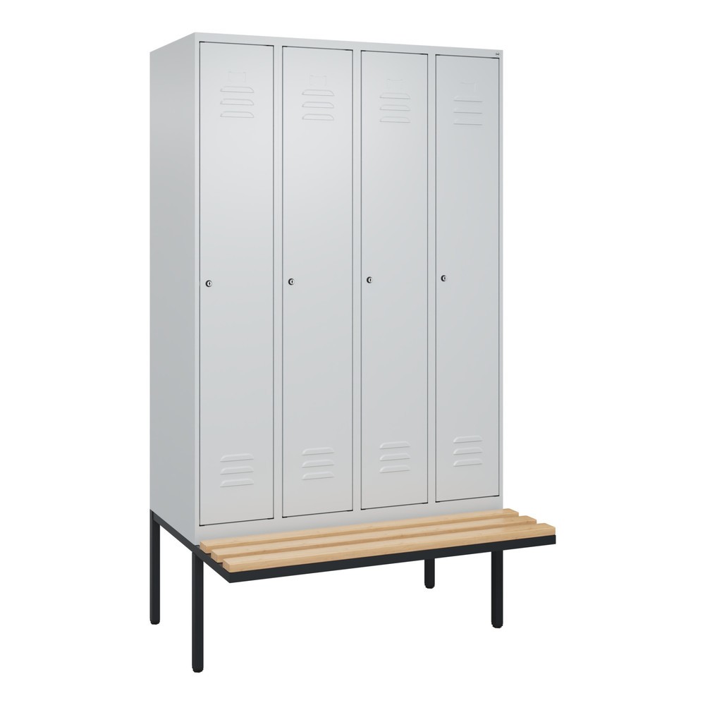 Illustration du produit: C+P Spind Classic PLUS, 4 Abteile, HxBxT 2.120 x 1.200 x 815 mm, Zylinderschloss, auskragende Bank aus Buche, lichtgrau, lichtgrau