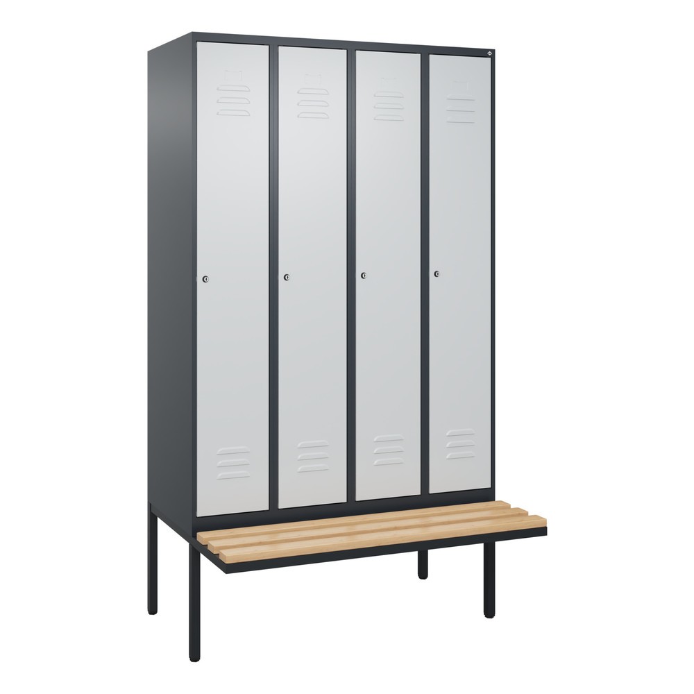 Illustration du produit: C+P Spind Classic PLUS, 4 Abteile, HxBxT 2.120 x 1.200 x 815 mm, Zylinderschloss, auskragende Bank aus Buche, anthrazitgrau, lichtgrau