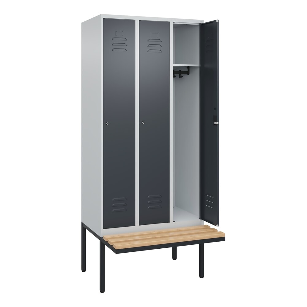 Produktabbildung: C+P Spind Classic PLUS, 3 Abteile, HxBxT 2.120 x 900 x 815 mm, Zylinderschloss, auskragende Bank aus Buche, lichtgrau, anthrazitgrau