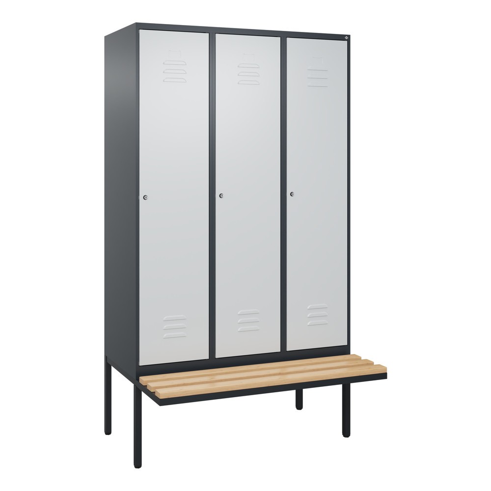 Illustration du produit: C+P Spind Classic PLUS, 3 Abteile, Trennwand, HxBxT 2.120 x 1.200 x 815 mm, Zylinderschloss, auskragende Bank aus Buche, anthrazitgrau, lichtgrau