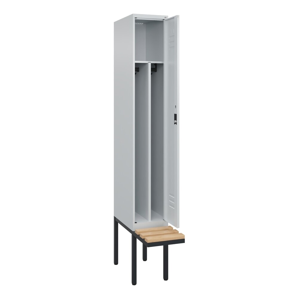 Produktabbildung: C+P Spind Classic PLUS, 1 Abteil, Trennwand, HxBxT 2.120 x 300 x 815 mm, Zylinderschloss, auskragende Bank aus Buche, lichtgrau, lichtgrau