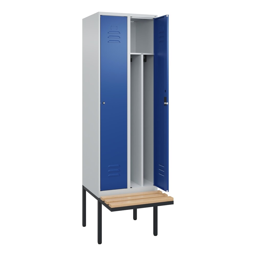 Illustration du produit: C+P Spind Classic PLUS, 2 Abteile, Trennwand, HxBxT 2.120 x 600 x 815 mm, Zylinderschloss, auskragende Bank aus Buche, lichtgrau, enzianblau