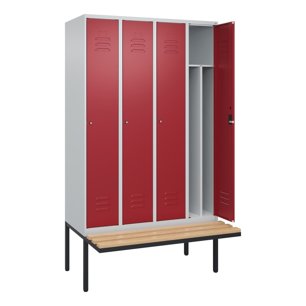 Produktabbildung: C+P Spind Classic PLUS, 4 Abteile, Trennwand, HxBxT 2.120 x 1.200 x 815 mm, Zylinderschloss, auskragende Bank aus Buche, lichtgrau, rubinrot
